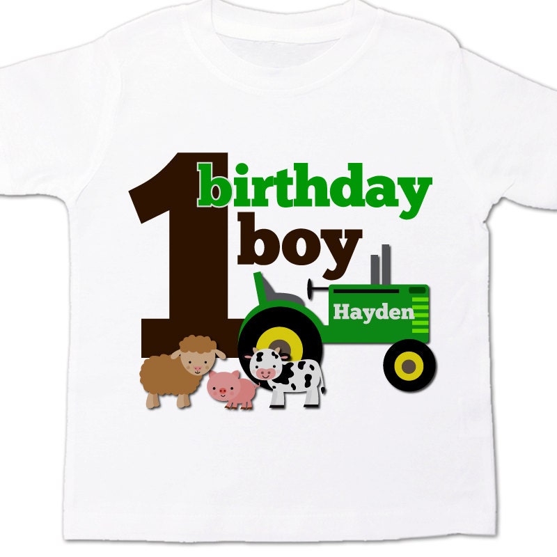 first 1st birthday boy green tractor / farm old mcdonald theme birthday party shirt - with or without farm animals