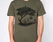 Mens bike t-shirt, bicycle, tree, birds t-shirt. Men's/Unisex American Apparel green t-shirt