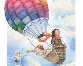 Up, Up and Away: Nursery Art Print - Children's Art - Boy's Room - Hot Air Balloon - Nautical - Sea - 11 X 14