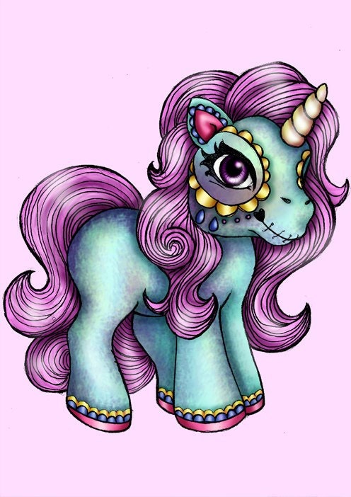 Pink and Teal Day of the Dead Unicorn A4 Art Print by Hungry Designs