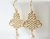 Scroll Pearl Gold Tear Drop Earrings,  Pearl Dangle Earrings