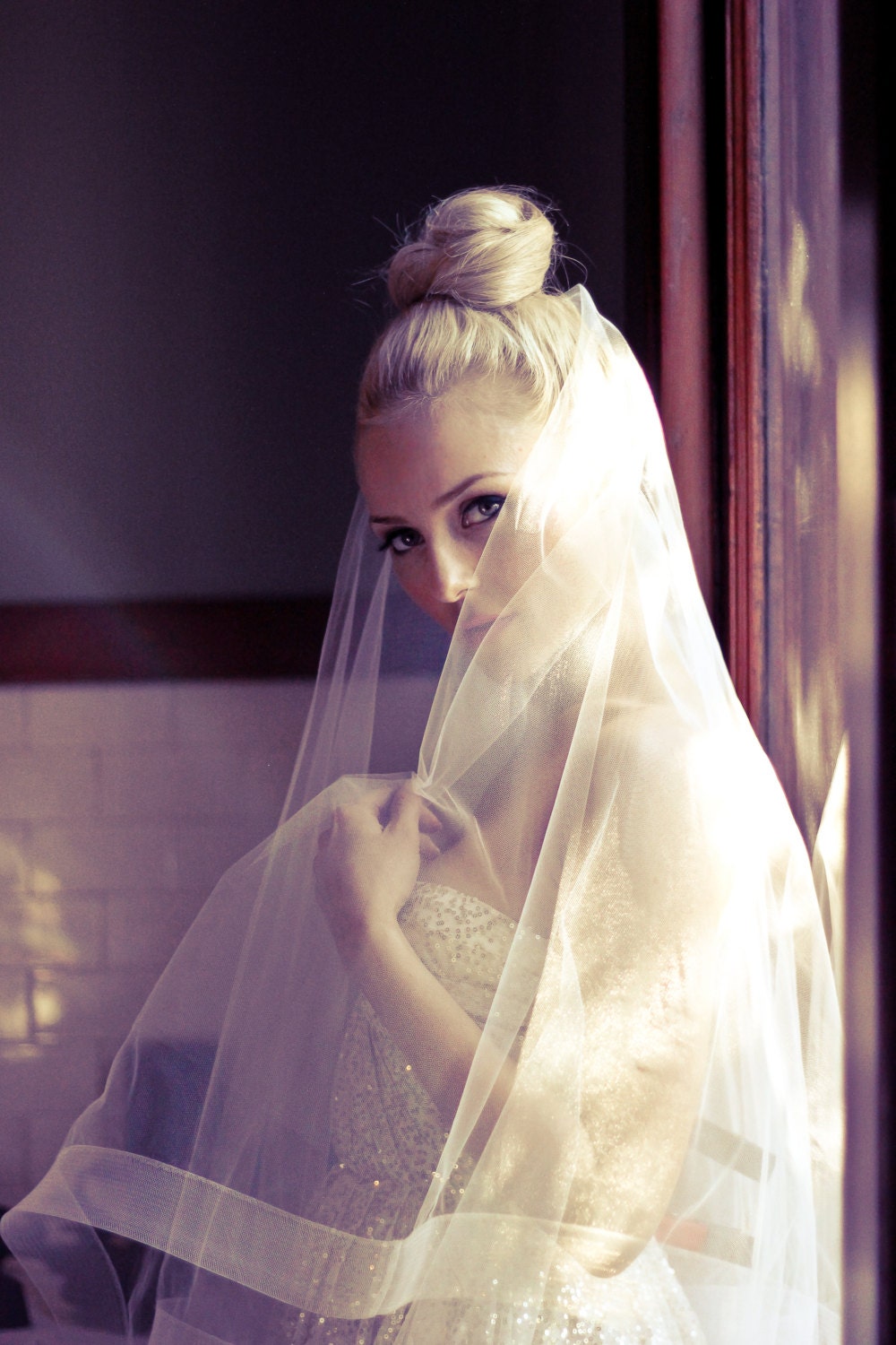 Bridal Drop Wedding Veil with Thick Horse Hair Boarder, Simple Ivory Bridal Illusion Veil with Blusher and Large Ribbon Edge