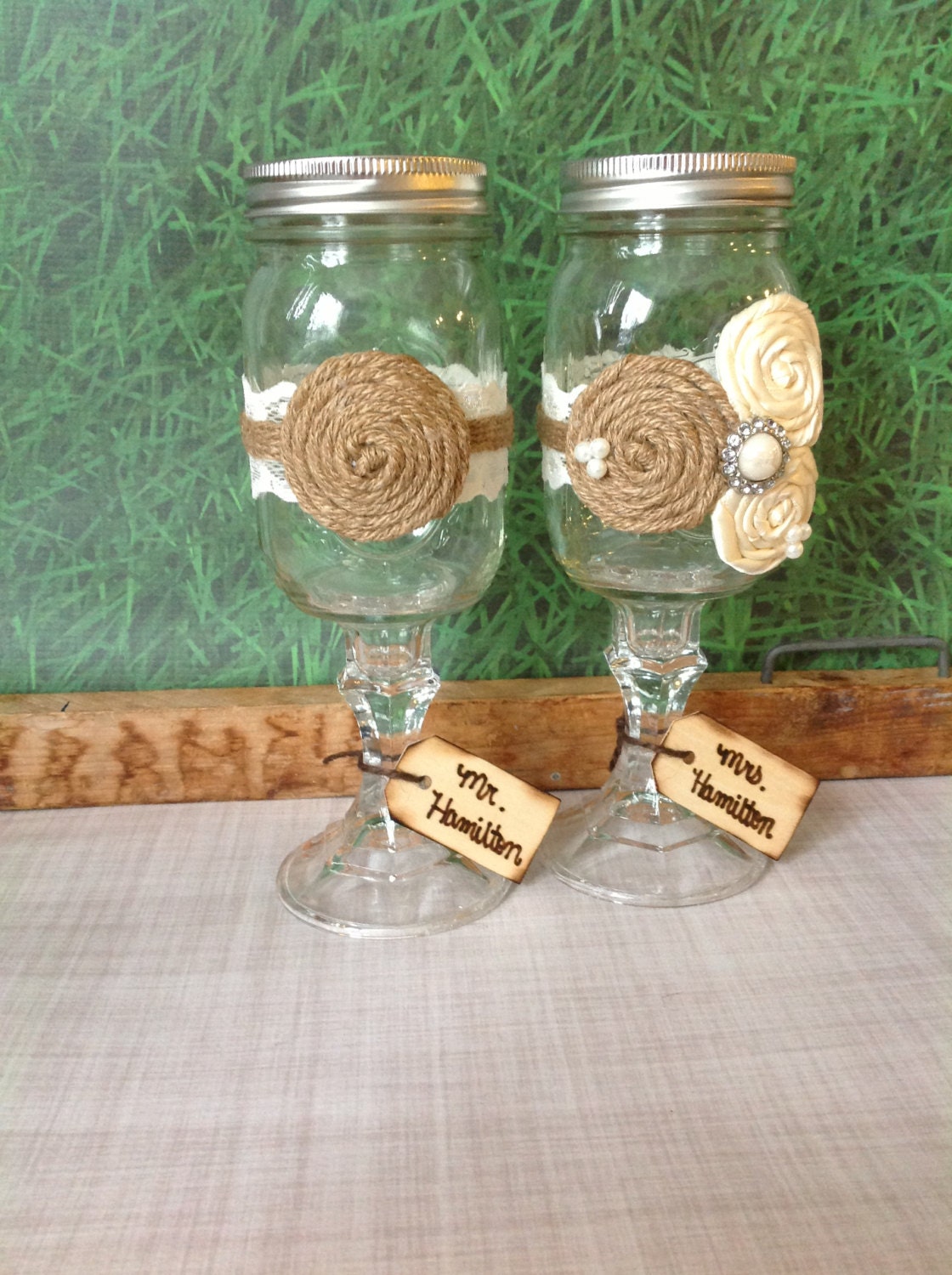 bride and groom mason jar WEDDING GLASSES/ by FallenStarCoutureInc