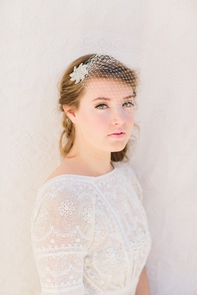 Liz Birdcage Veil, Bandeau Veil, Rhinestones, Russian Netting, Blusher, Wedding Headpiece, Bridal Hair Piece, Hair Clip, Ships in 1 Month