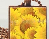 Sunflower Pendant and Necklace 1" Square - Choose Silver or Copper