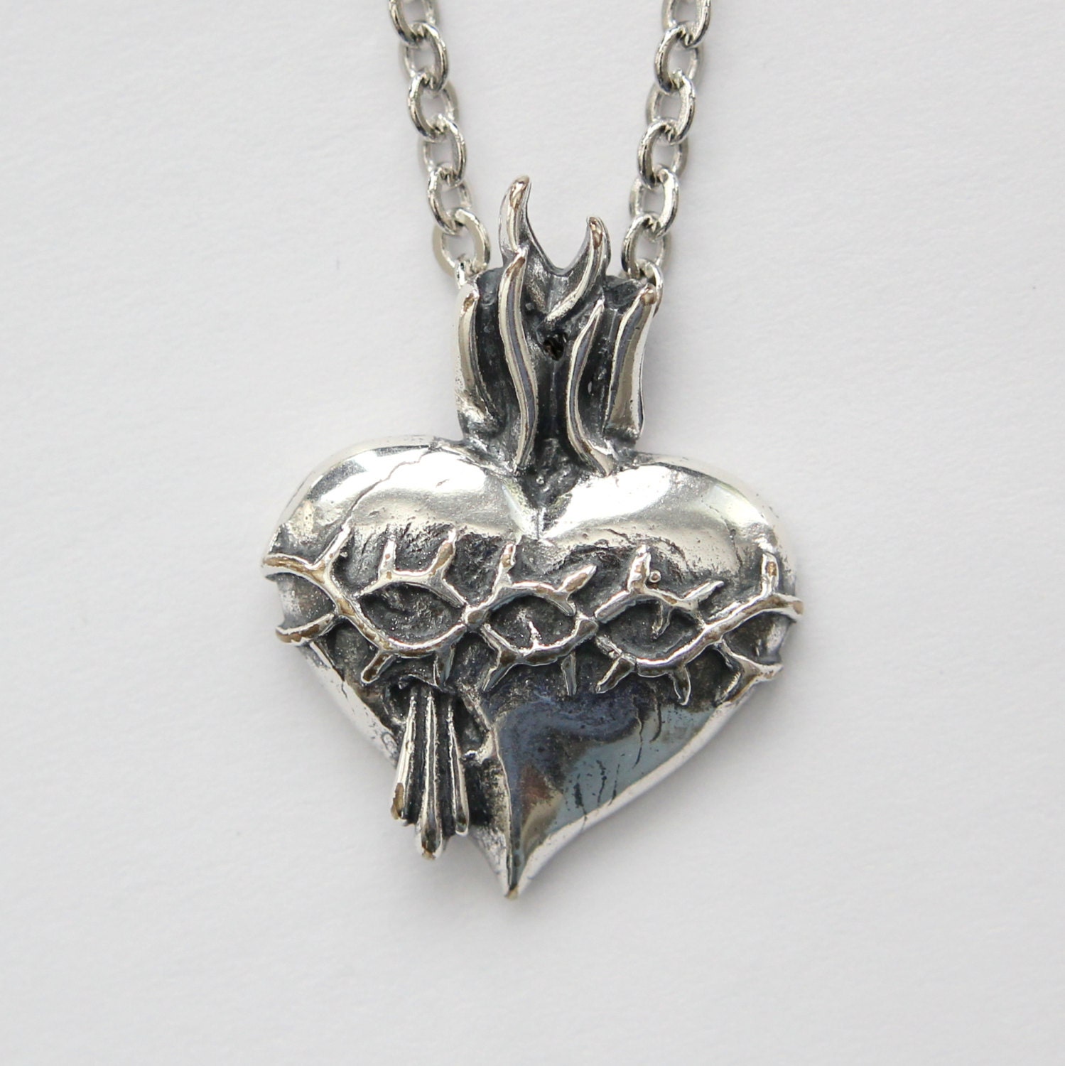 Silver Sacred Heart Necklace in Solid White Bronze with Sterling Overlay