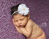 White Baptism Christening Baby Headband Lace Flower rhinestone Pearl Tulle Nylon Skinny Band Newborn Toddlers Infant Babies Bling Posh