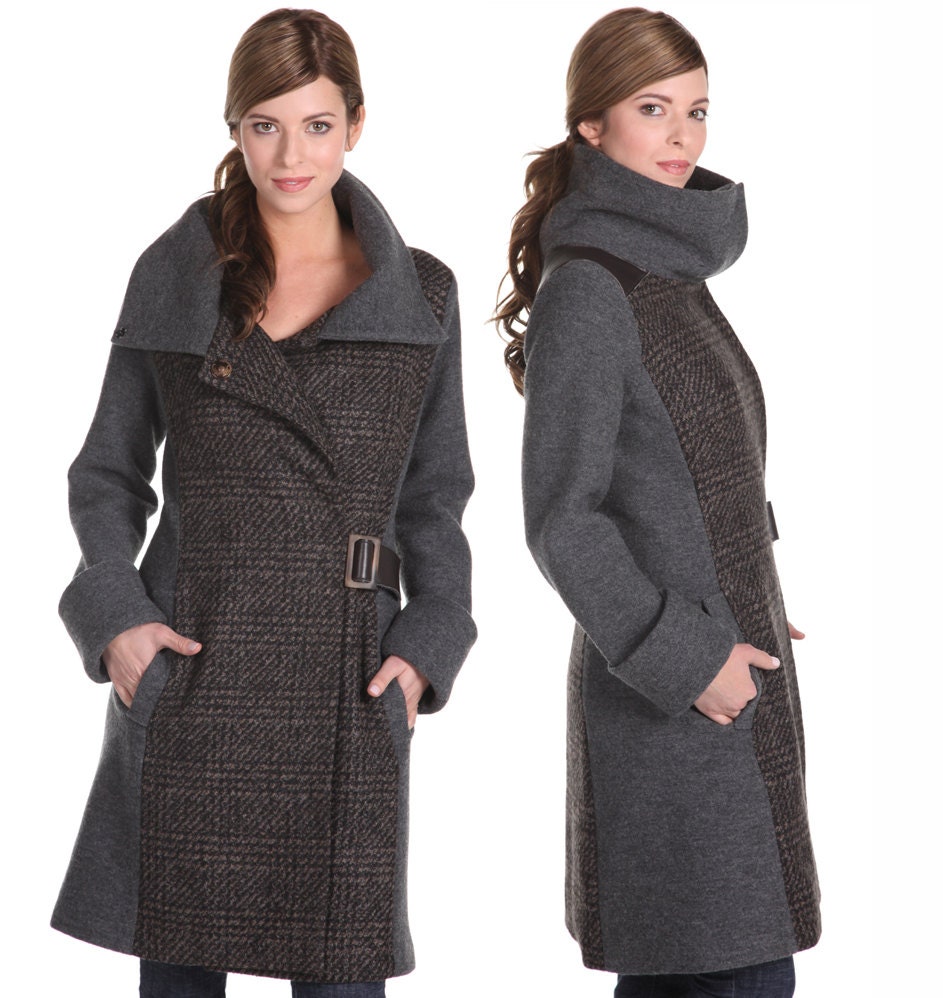 Women's cowl neck coat in Italian virgin merino boiled wool and dusk plaid two tone coat, size 6