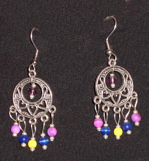 Silver Chandelier Dangle Bead Earrings, Purple, Yellow, Blue