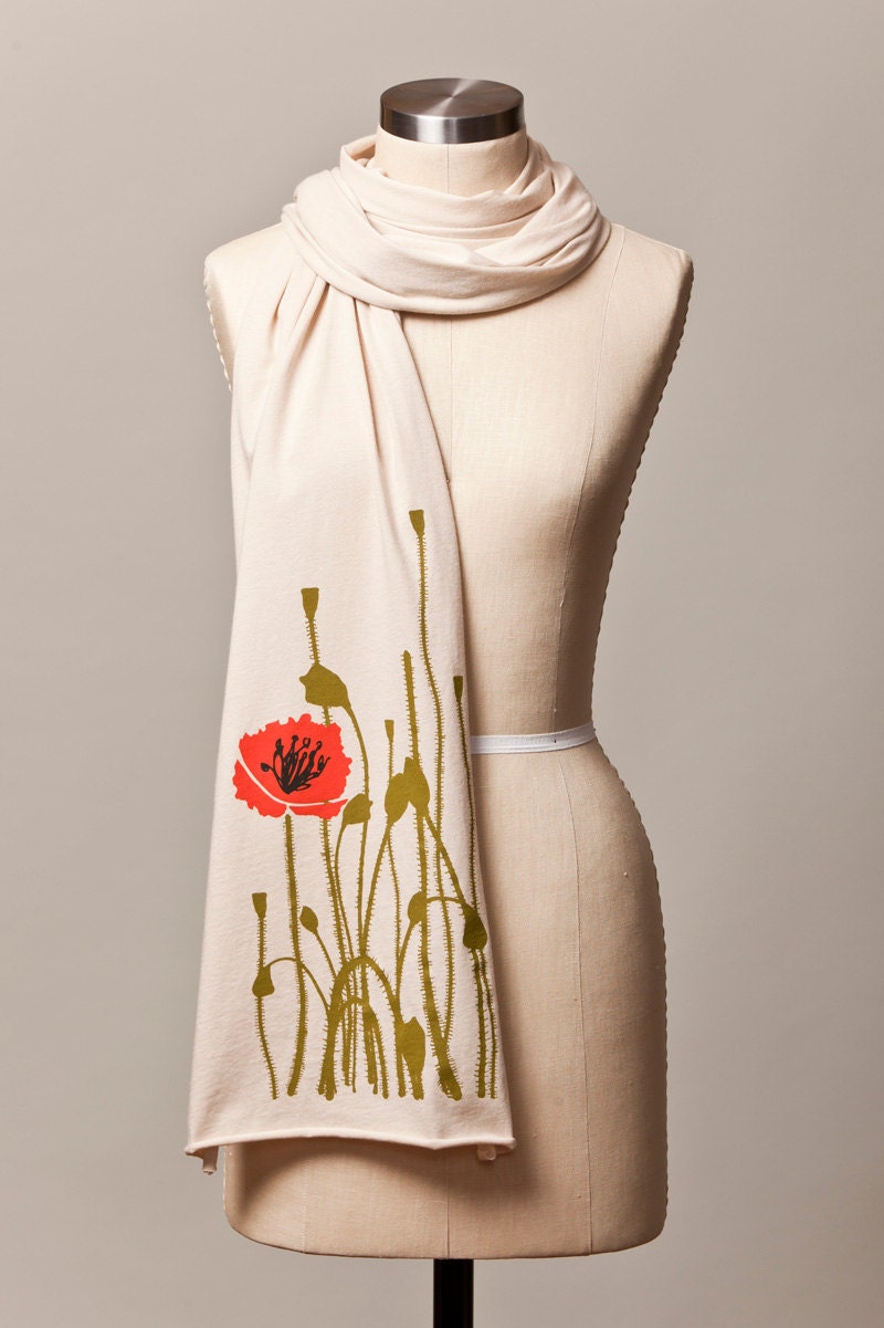 jersey scarf - poppy flower scarf - poppy scarf - cream - off white - neutral - screenprint - FREE SHIPPING - flytrap