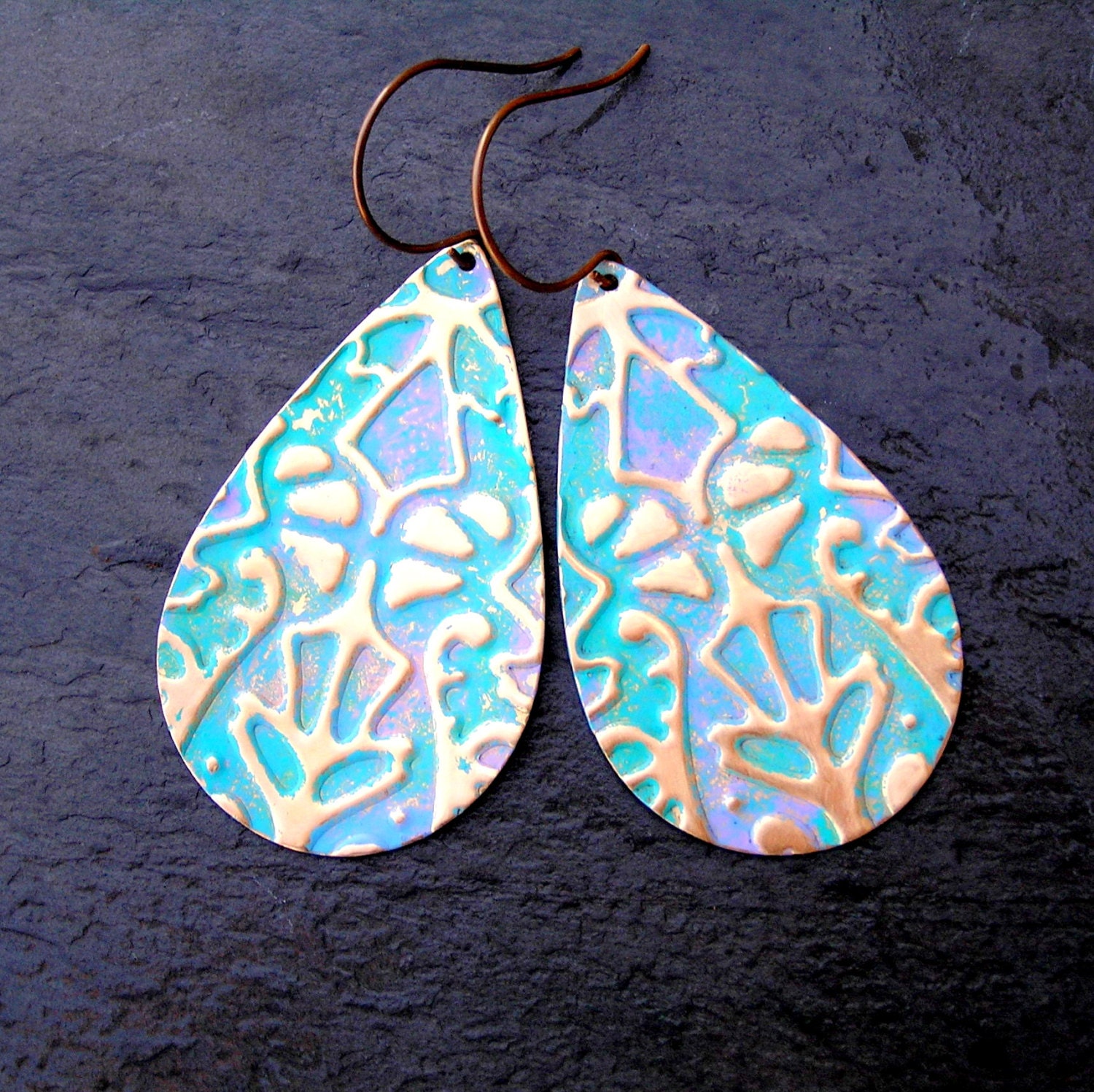 Embossed Metal Earrings, Large Drop Earrings, Blue Green, Nature Jewelry, Spring Jewelry, Brass Earrings, Pastel