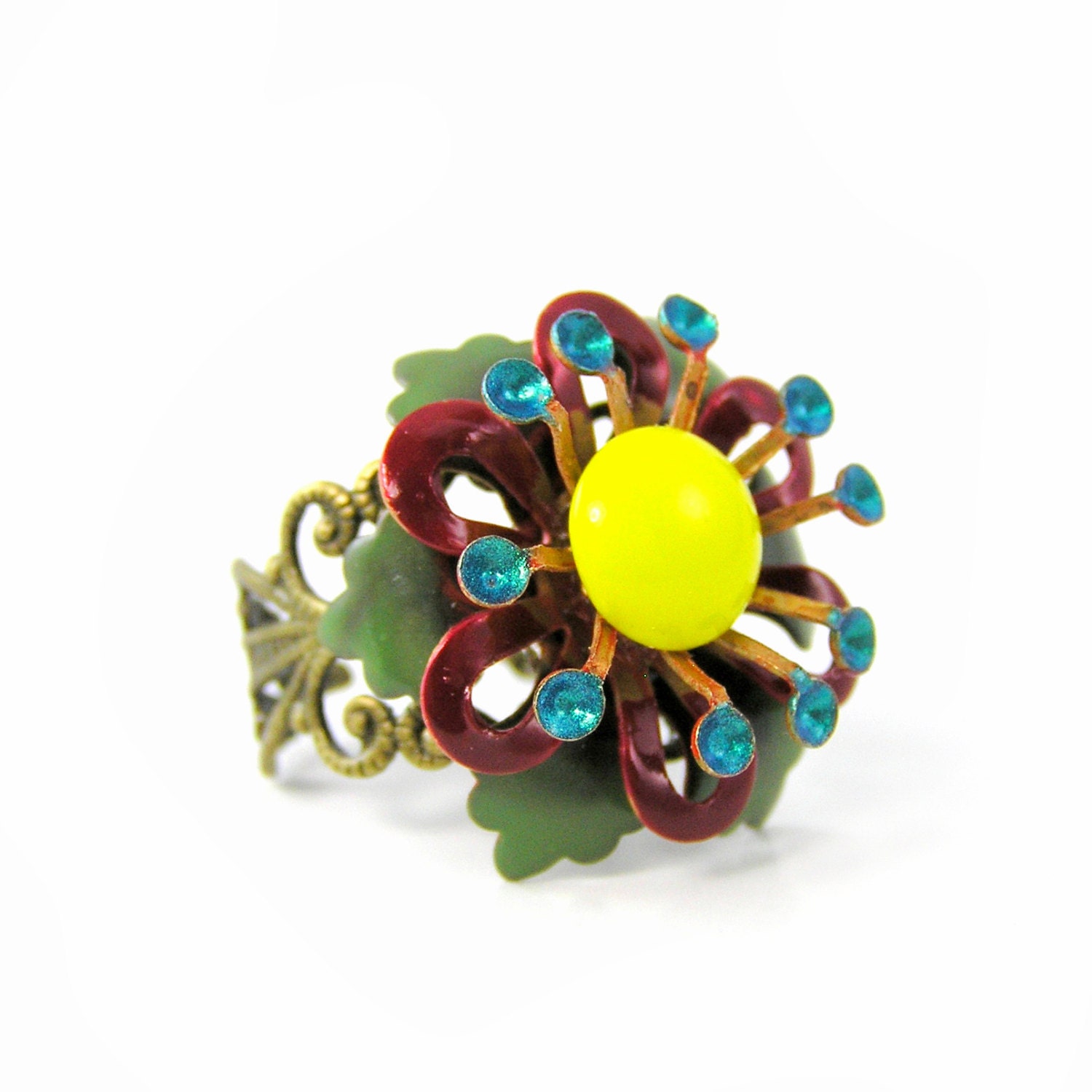 Blooming Flower Ring, Cocktail Ring, Adjustable, Spring, Enamel, Yellow, Turquoise, Red, Big Ring, Antiqued Brass, Vintage Look