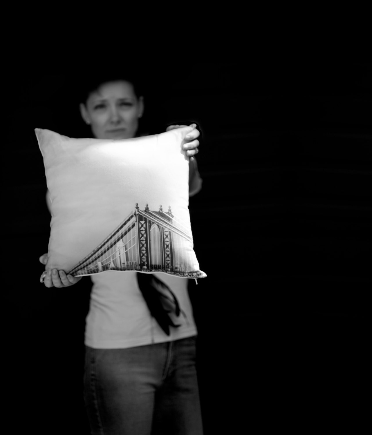 New York Organic PILLOW, Decorative Photo Throw Pillow Sham Cover - Minimalist Black White Manhattan Bridge Home Decor- Collab with Raceytay