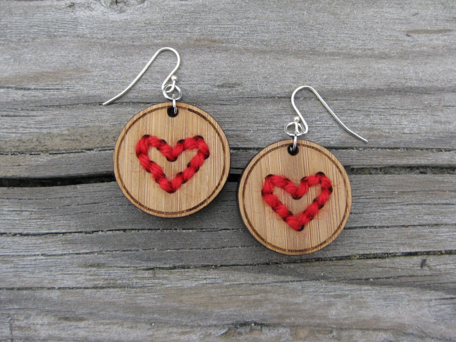 Embroidered Bamboo Heart Earrings
