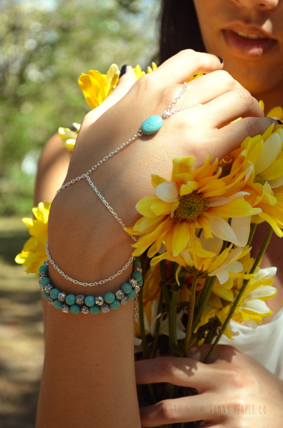 Slave Bracelet Hand Bracelet  Piece Hipster Silver Chain Boho Bohemian One Turquoise Bead Two Strand Hand Jewelry