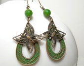 Artisan Brass Verdigris BOHO Vintage Revival Earrings, Butterfly, Patinaed Charms, Vintaj Drop Earrings, Rustic Jewelry