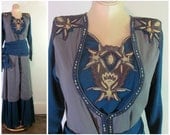 Vintage Indian dress outfit ... contemporary womans formal Sari - dress skirt with tunic, stunning embroidery // blue and grey
