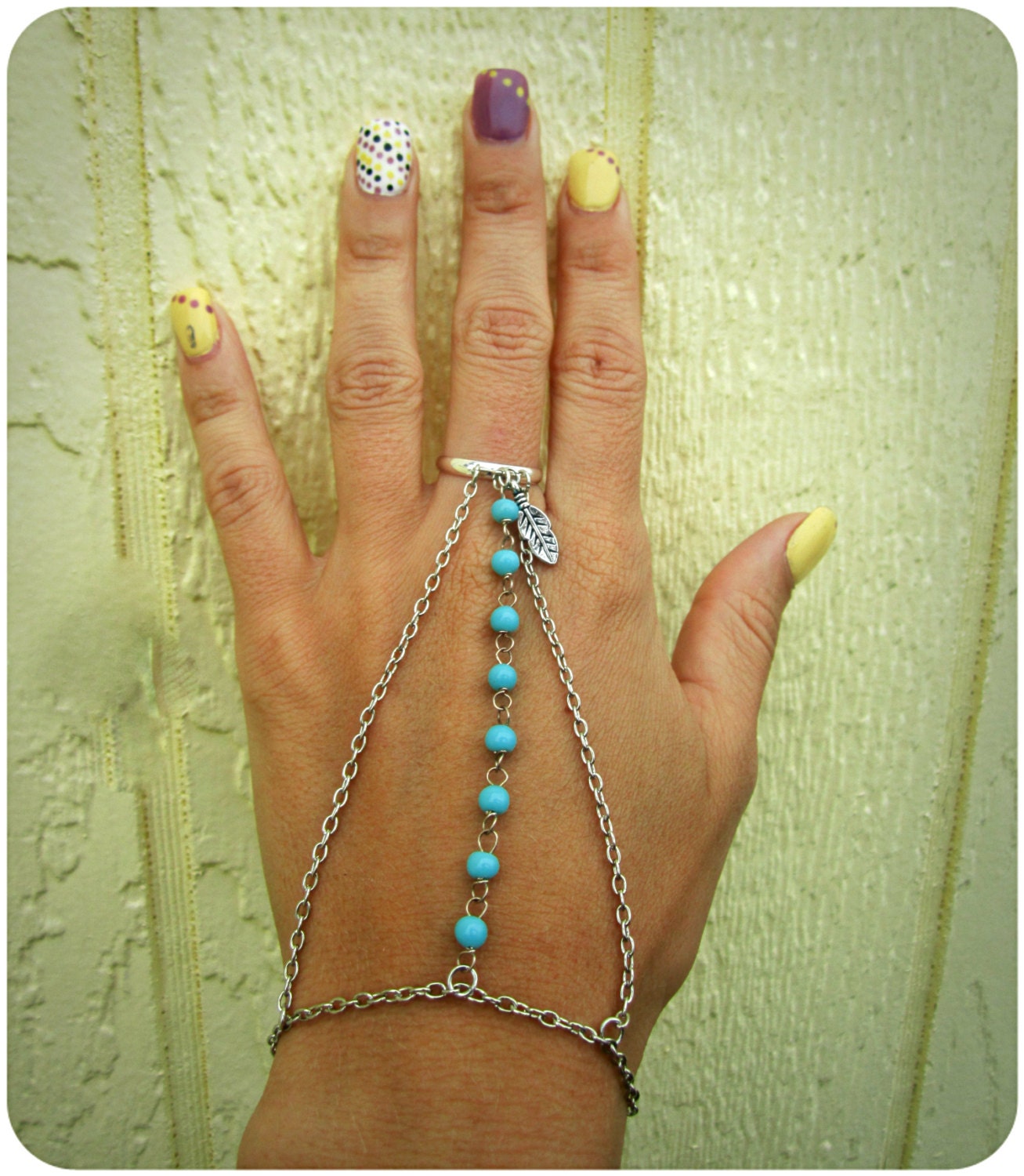 Turquoise & Feather Silver Chain Slave Bracelet Body Jewelry