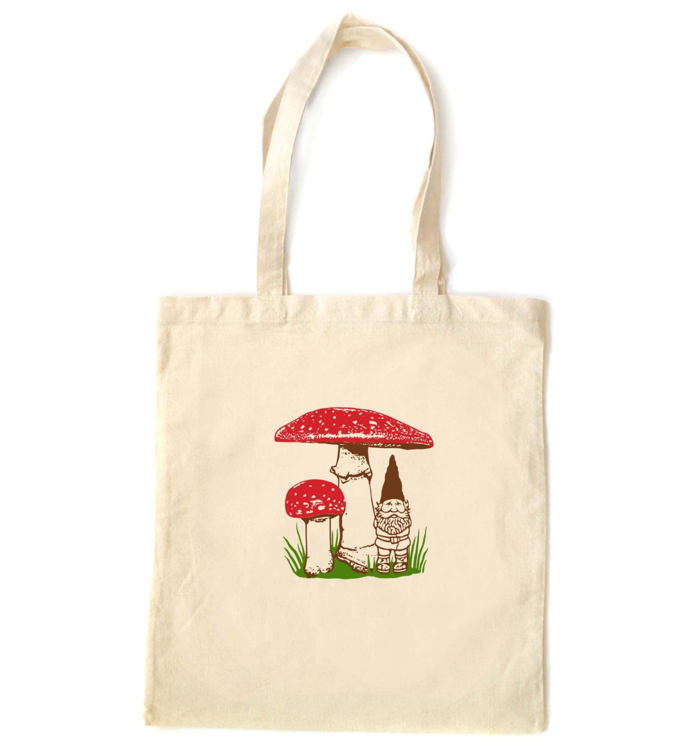 One Gnome and Mushrroms tote bag, natural unbleached cotton, eco friendly, washable and reuseable, summer garden woodland design