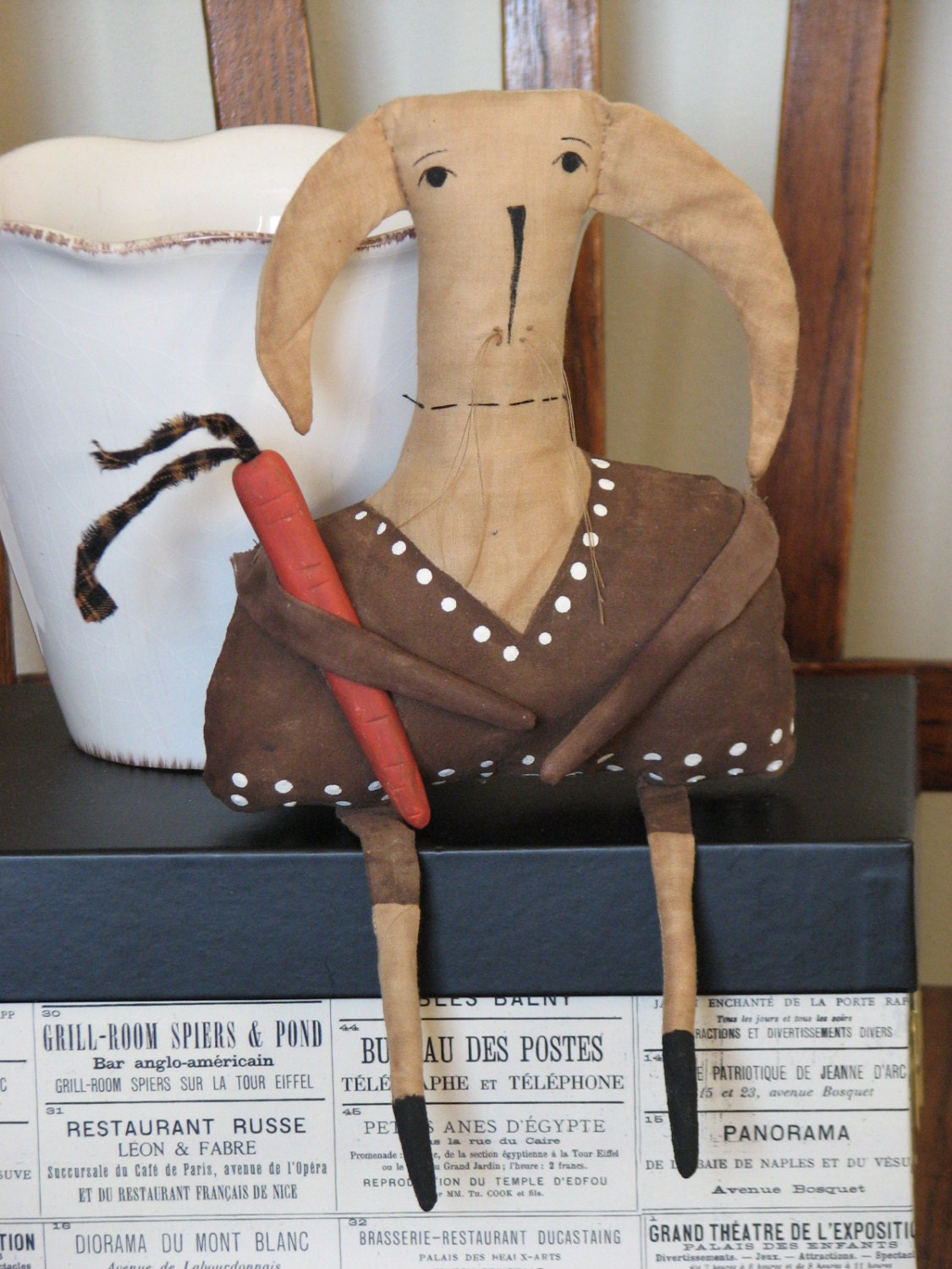 SALE....Primitive Folk Art DOLL Simple Brown Rabbit with Carrot