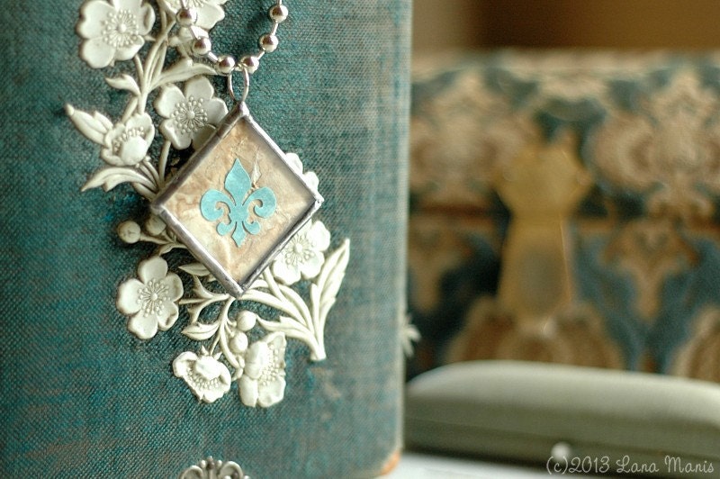 Aqua Blue Paper Fleur De Lis Soldered Charm Necklace Ivory Antiqued Silver