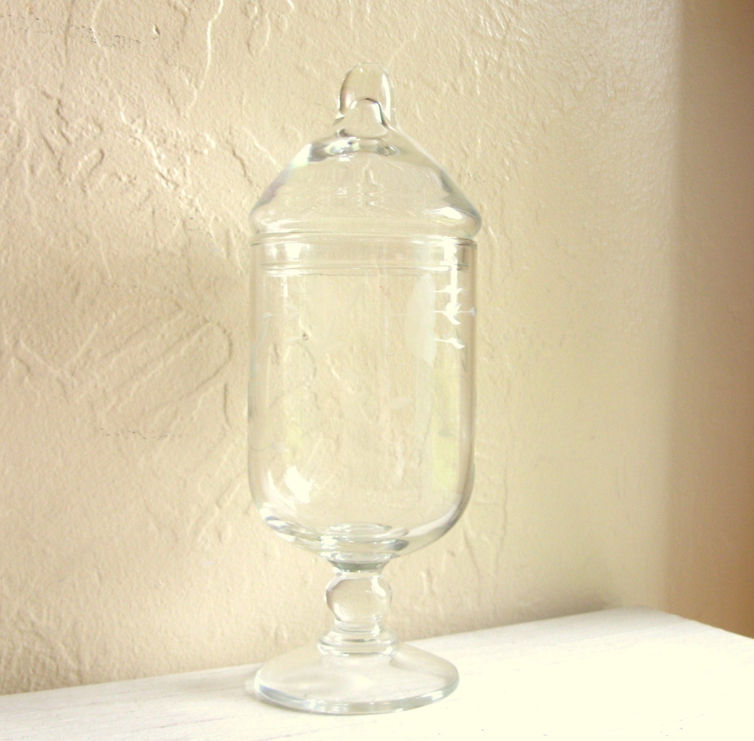Tall Clear Glass Pedestal Jar with Lid Etched Leaf by ShabbyNChic