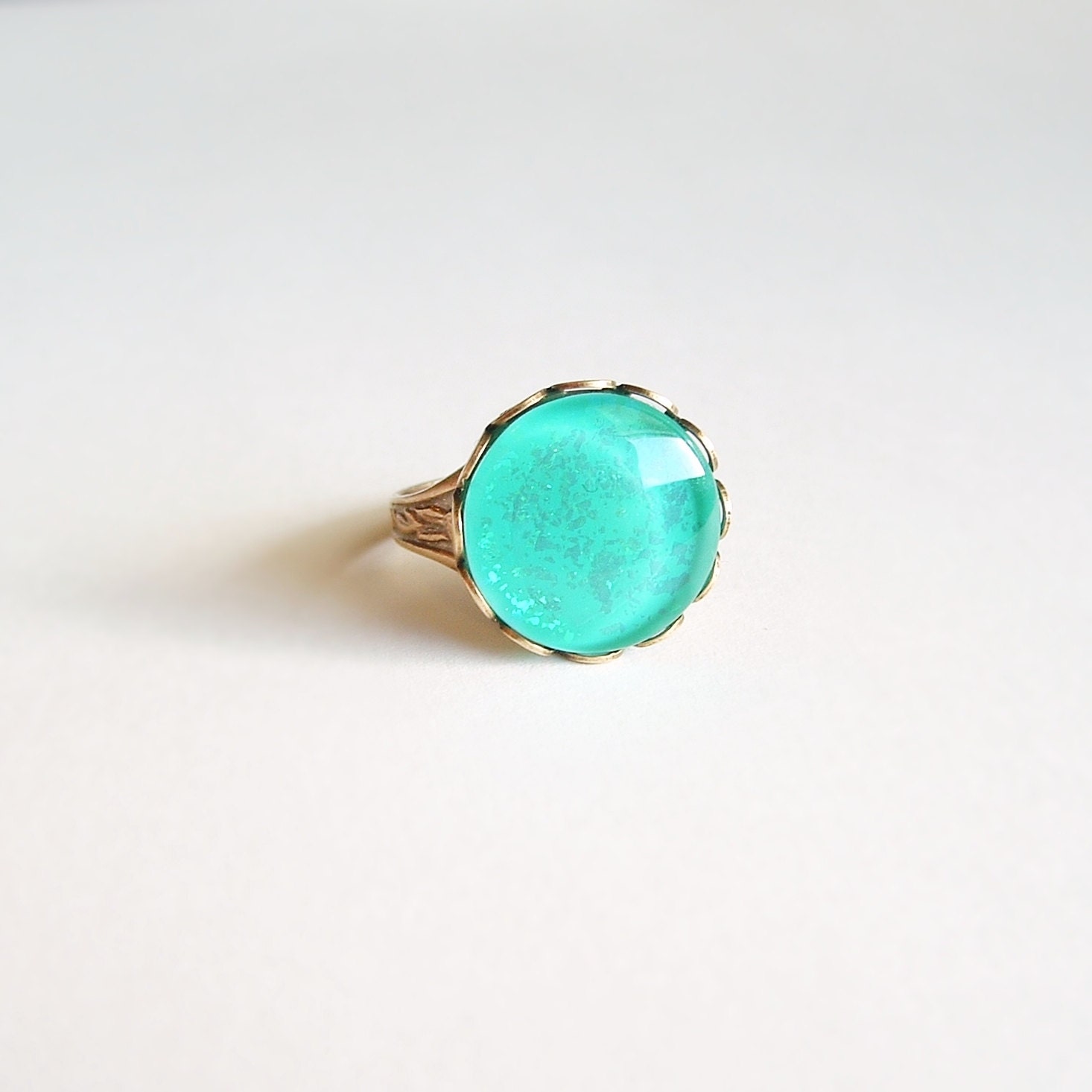 Aqua Glitter Ring Vintage Glass Cabochon Antiqued Brass Nail Polish Jewelry Turquoise Pool Blue Spring Jewelry