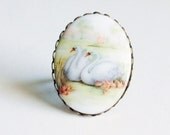 Large Swan Cameo Ring Huge Vintage Bird Cabochon Victorian Statement Ring Adjustable