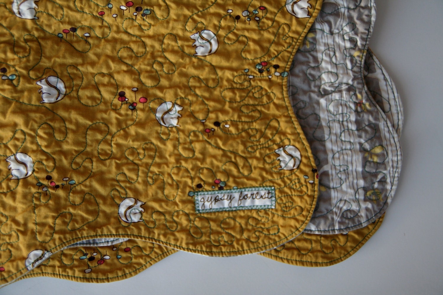 Heirloom Crafted, Modern Design, ORGANIC spindrift quilt - Little Forest Squirrel