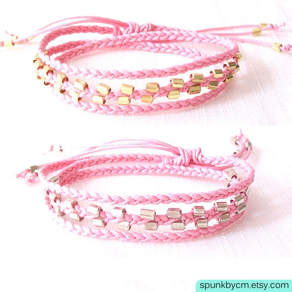 Braided Cotton Cord with Brass Triple Wrap Bracelet - Gold, Silver, Pink - Set of 2