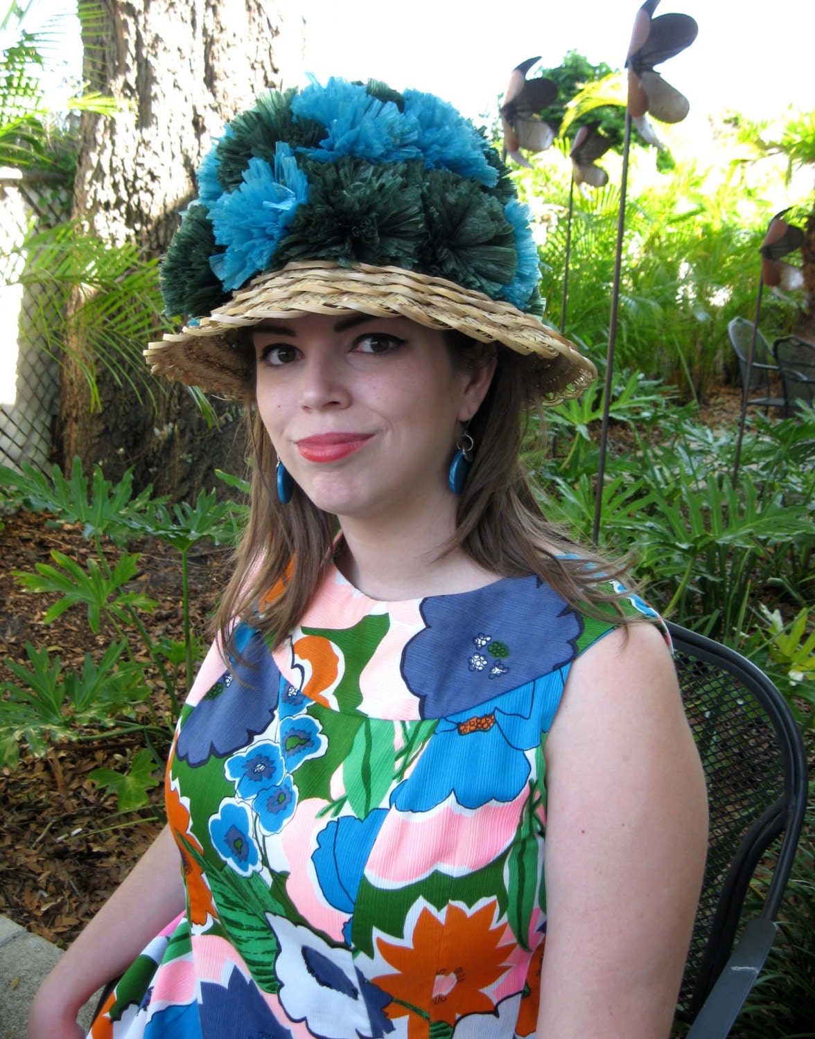 1960s Blue & Green Straw Sun Hat