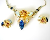 Vintage Rhinestone Necklace Earrings Set Gold Roses Blue Aurora Borealis