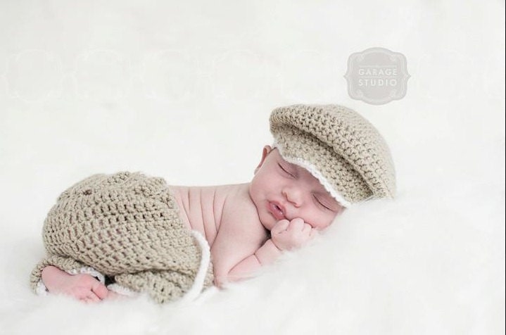 Newborn Crochet Pant and Cap Set Photo Prop- SAND/BEIGE