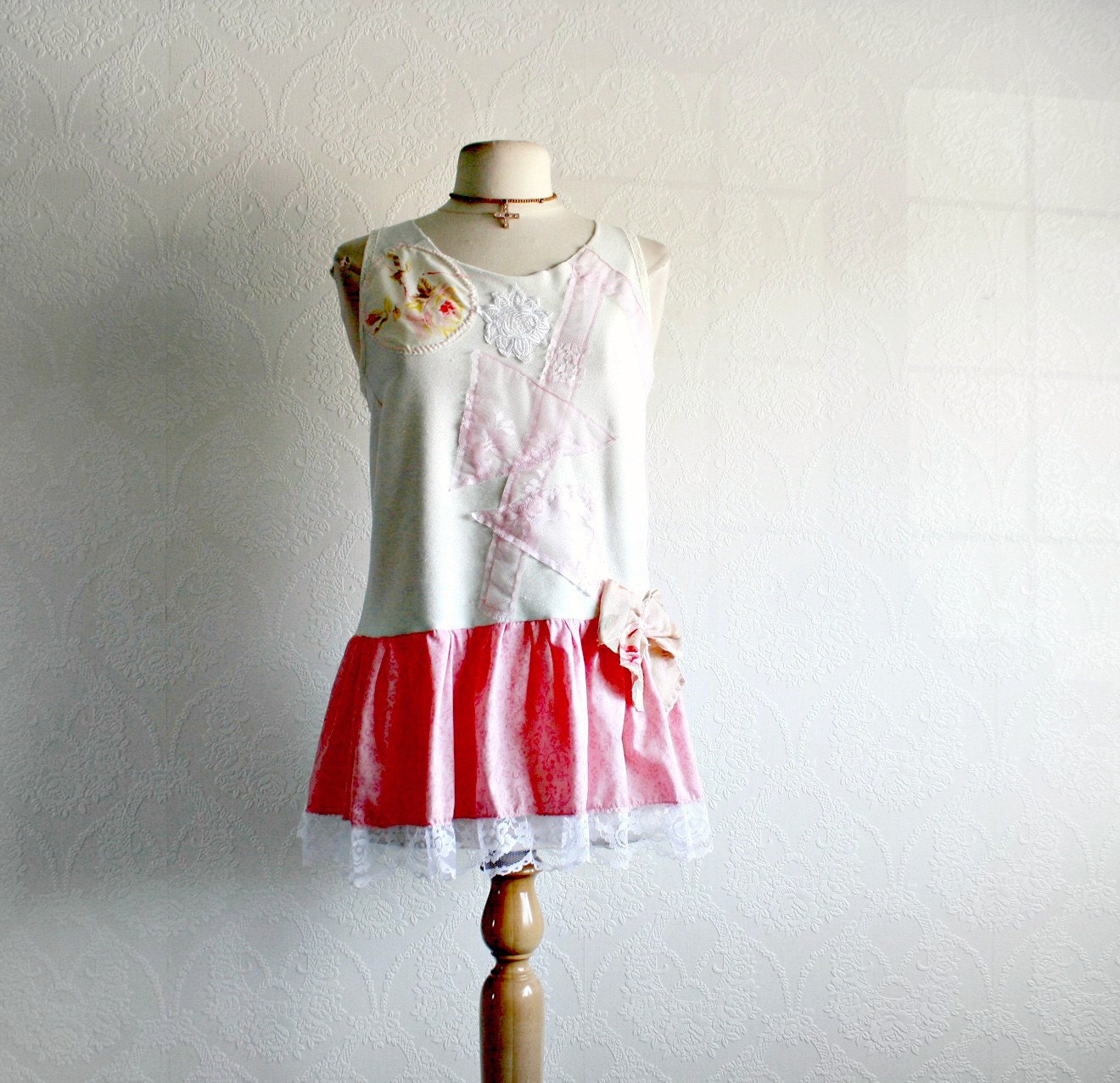 Women's Tank Top Shabby Chic Clothing Cream Lace Shirt Upcycled Pink Tunic Romantic Clothes Eco Fashion Summer Shirt Large 'SIENNA'