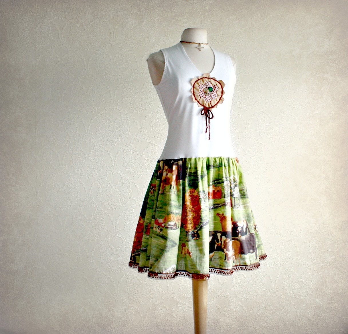 White Sundress Green Upcycled Dress Farm Scene Eco Fashion Country Style Retro Clothing Women's Clothes Medium Large 'MOOtiful'