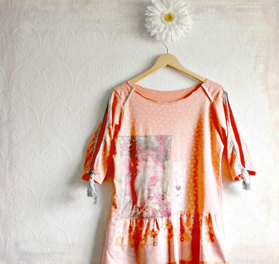 Peach Women's Top Recycled Clothing Woodland Fairy Shirt Eco Friendly Romantic Tunic Upcycled Clothes Ladies Wear Large 'DIONNE'