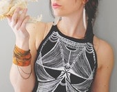 Basya - Black and White Sleeveless Crop Top - By Bark Decor -  Bustier Hand Printed Tight Crop Top