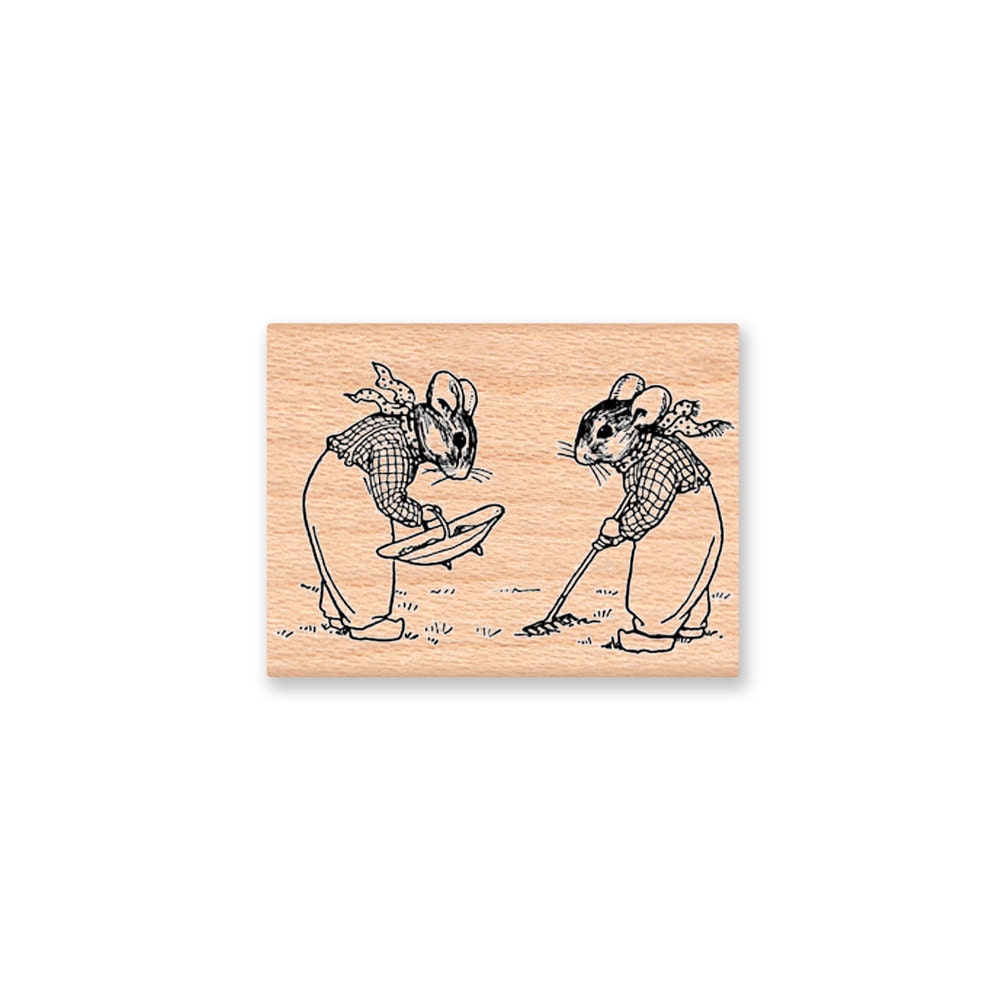 GARDENING MICE -wood mounted rubber stamp