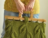 Designer hand knit leafy handbag large purse with wooden handles - eco-fashion - A Walk Among Trees - LAST ONE AVAILABLE