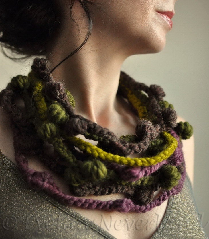 We Can Get Wild - freeform crocheted fiber necklace in brown, olive, purple, lemongrass shades - eco style