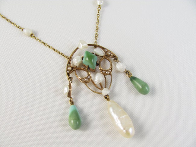 Victorian Art Nouveau 14k gold turquoise pearl girandole lavalier pendant necklace