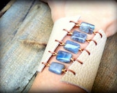 Sand and Sea Cuff Creamy Off White Leather and Blue Flash Labradorite Corset Cuff