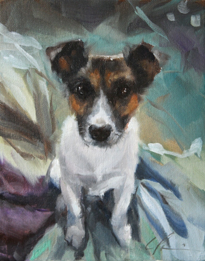 Alert, Cute Jack Russell Terrier on Aqua and Chocolate Brown Background- Original Painting by Clair Hartmann