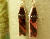 Mini fringe earrings handmade from recycled designer fabric books in Atlanta. flocked brown and red.