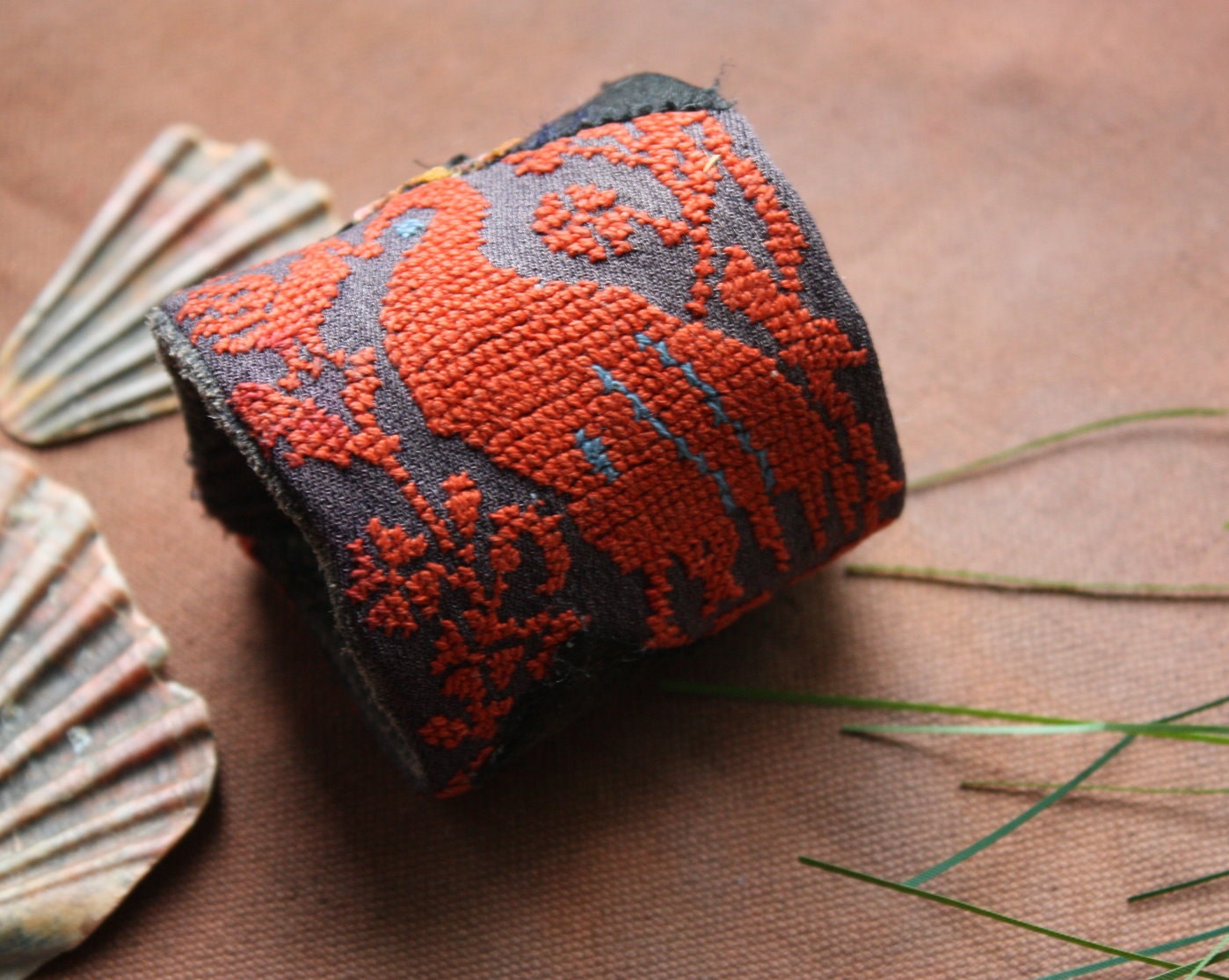 Garden at Dusk, a Fiber Art Cuff in Mandarin and Chocolate Bedouin Hand Embroidery and Lace