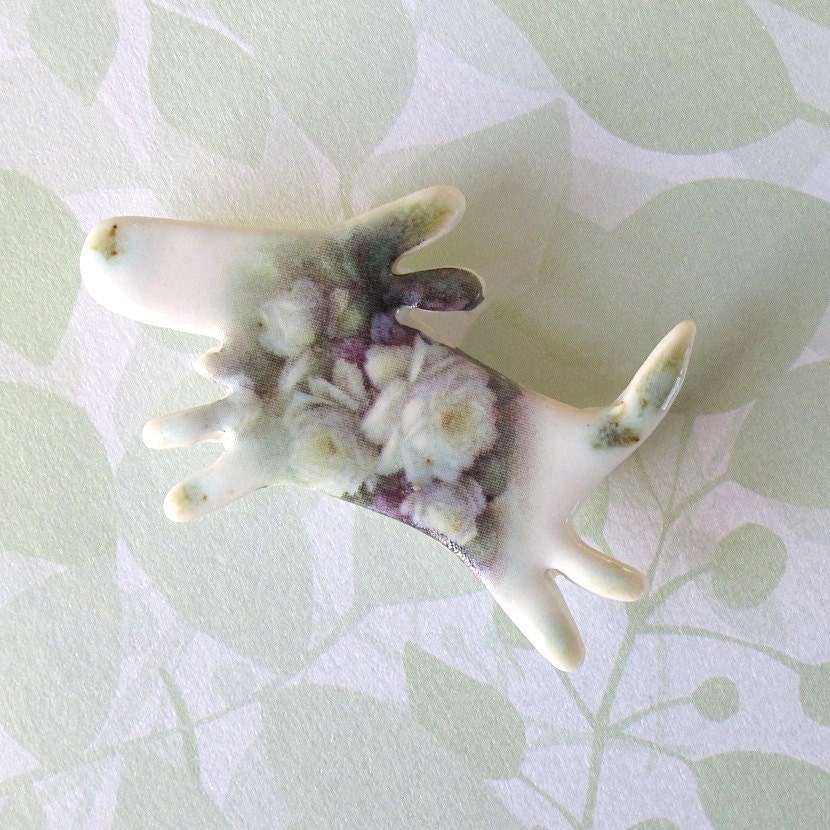 Porcelain Dog Brooch.  White Cabbage Rose Bouquet with Seafoam, Sage Green, Purple & Lavender.  Shabby Chic. Whimsical Playful Puppy