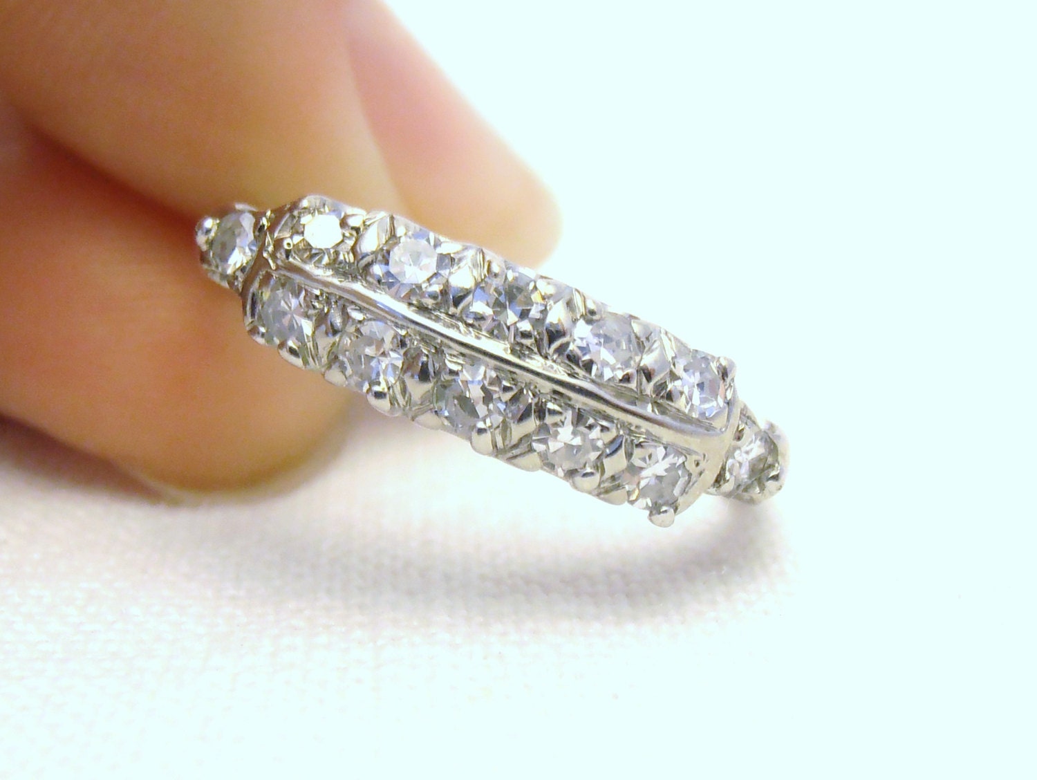 Mad Men Retro 14k White Gold and Diamond 1940s 1950s Ring