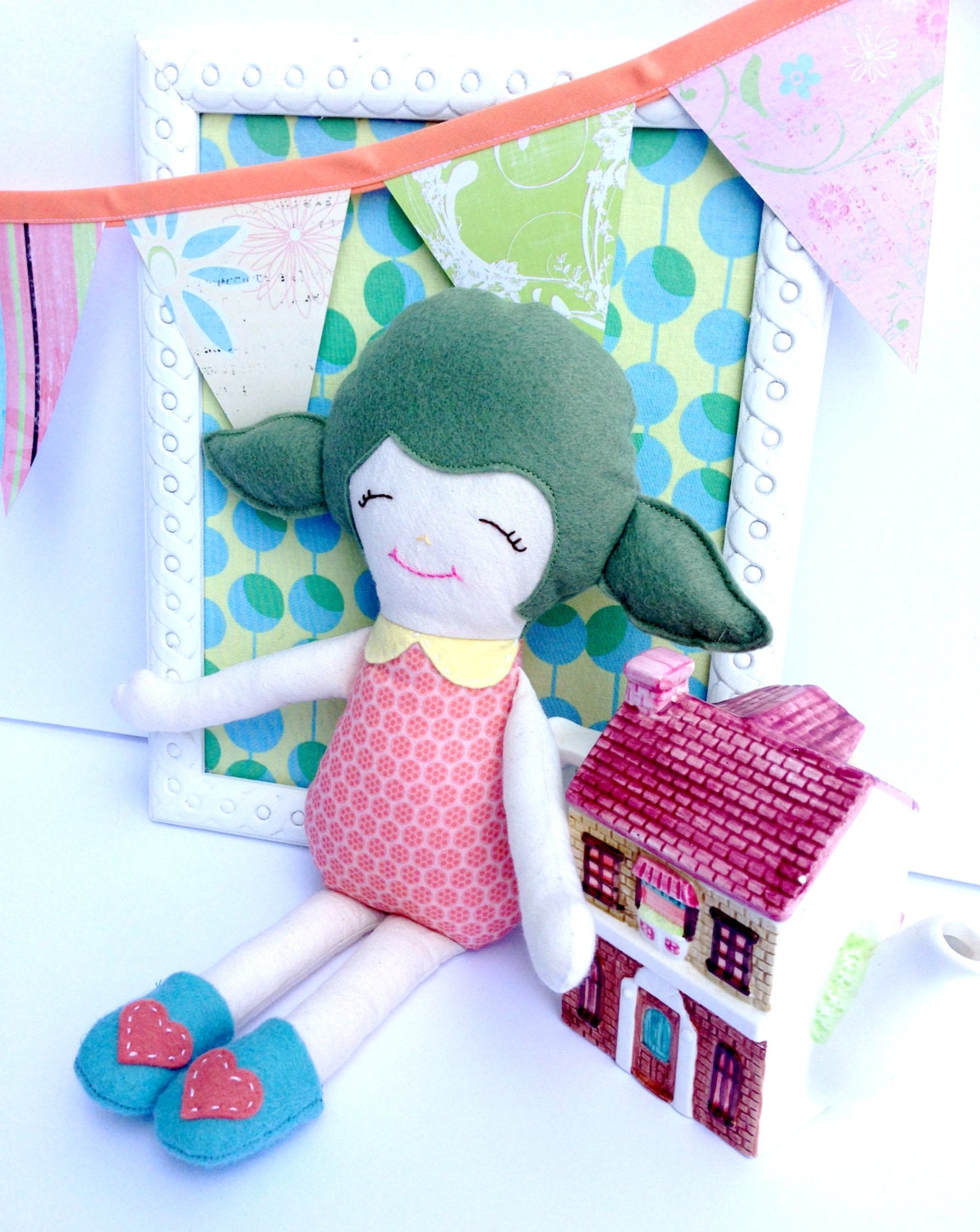 Green felt Doll - Softy, Soft doll, Plush Doll, Soft Toy, Fabric Rag Doll, Eco-Friendly