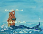 Mermaid Mermaids Sunbathing  Fantasy Ocean Mermaid Waves Splashing Original Painting "Sunbathing Mermaid" Leslie Allen Fine Art