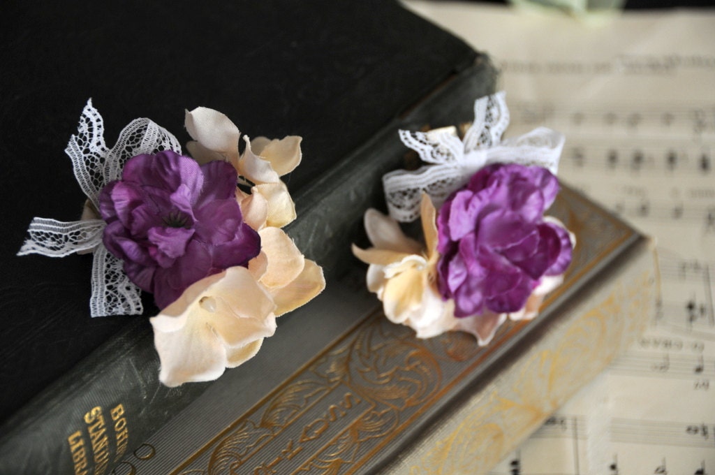 Fiona - Purple and Cream Hydrangea Flower Clips with Lace Bows